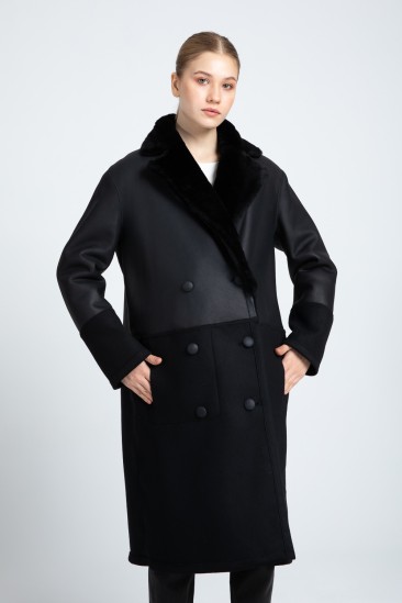 Belında Women Black Shearling Fabric Reversible Coat
