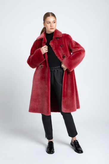 Alina Women Red With Snow Effect Reversible Shearling Coat