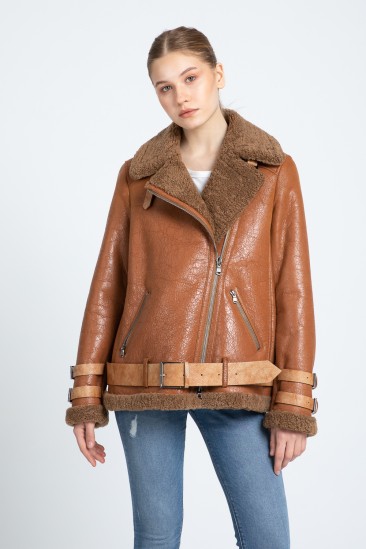 Beverly Women Camel Biker Shearling Coat