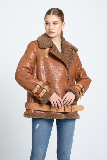 Beverly Women Camel Biker Shearling Coat