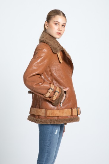 Beverly Women Camel Biker Shearling Coat