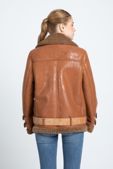 Beverly Women Camel Biker Shearling Coat