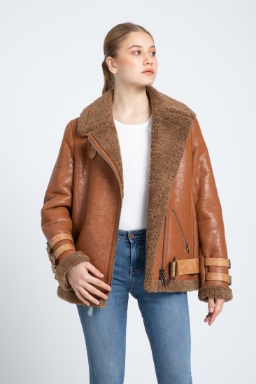 Beverly Women Camel Biker Shearling Coat