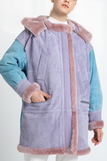 Alyssa Women Blue / Pink Hooded Shearling Coat