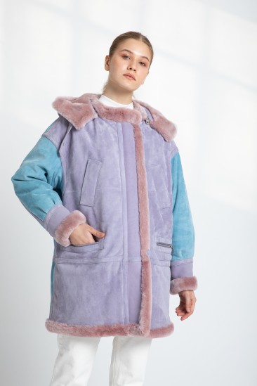 Alyssa Women Blue / Pink Hooded Shearling Coat