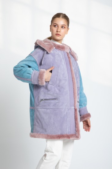 Alyssa Women Blue / Pink Hooded Shearling Coat