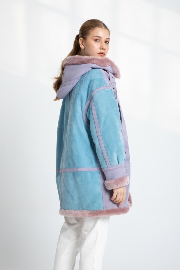 Alyssa Women Blue / Pink Hooded Shearling Coat