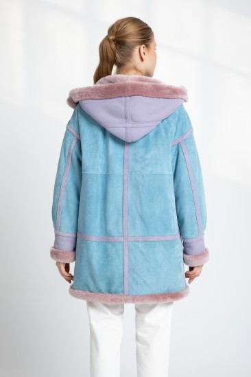 Alyssa Women Blue / Pink Hooded Shearling Coat