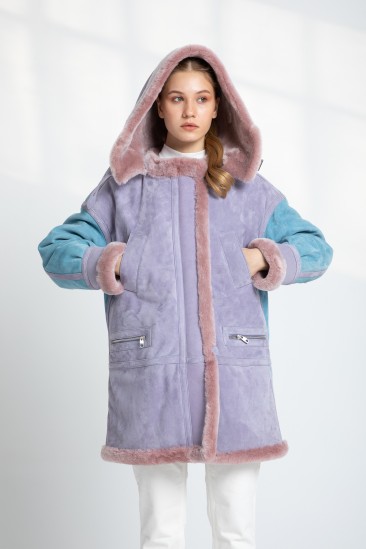 Alyssa Women Blue / Pink Hooded Shearling Coat