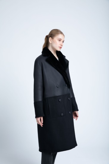 Belında Women Black Shearling Fabric Reversible Coat