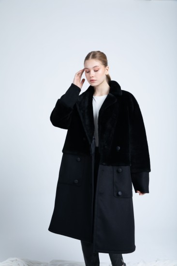 Belında Women Black Shearling Fabric Reversible Coat